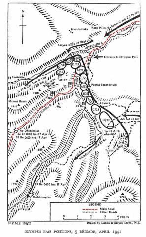 Map showing battalion positions at Olympus Pass, Greece in April 1941