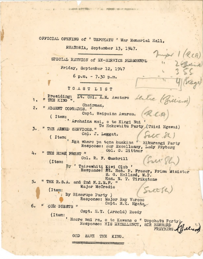 The programme from the reunion of ex-service personnel held at Uepohatu Marae in 1947