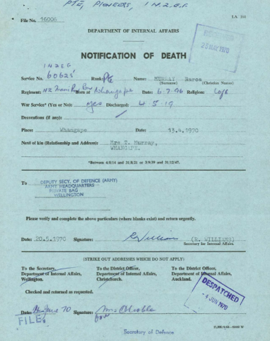 Notification of Death for Raroa Murray