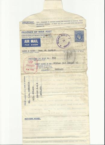 Postage date and stamp of War letter