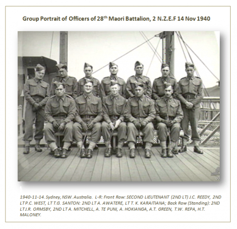 Officers of the 28 Māori Battalion aboard the H.M.T Batory in Sydney, Australia