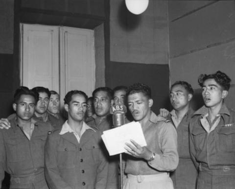Māori Battalion Choir singing for the Kiwi Request Session at the British Forces Radio Station in Bari, Italy