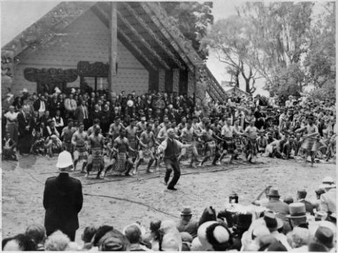 Sir Apirana Ngata joins C Company party in the classic Ngāti Porou haka 'Ruaumoko' at Waitangi 6 February, 1940